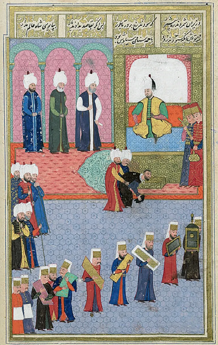 “Sultan Murad III Receiving the French Envoy.” From Loḳmān, Şehinşehnāme (Shahinshāhnāma), vol. 1. Istanbul, 1 (1606×2542) — Şehinşahnâme I minyatürü (Wikimedia Commons)