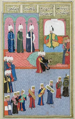 “Sultan Murad III Receiving the French Envoy.” From Loḳmān, Şehinşehnāme (Shahinshāhnāma), vol. 1. Istanbul, 1 (1606×2542)