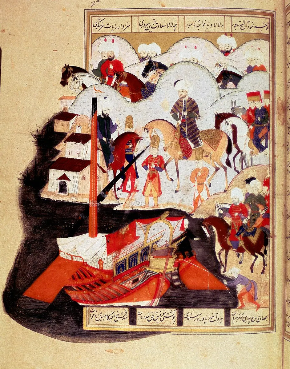 Sultan Murad III (1574-1595) Visiting the Port of Constantinople. Manuscript miniature from 'Sehinsahname' (Th (1978×2520) — Şehinşahnâme I minyatürü (Wikimedia Commons)