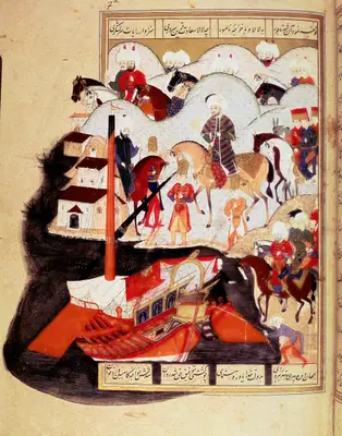 Sultan Murad III (1574-1595) Visiting the Port of Constantinople. Manuscript miniature from 'Sehinsahname' (Th (1978×2520)