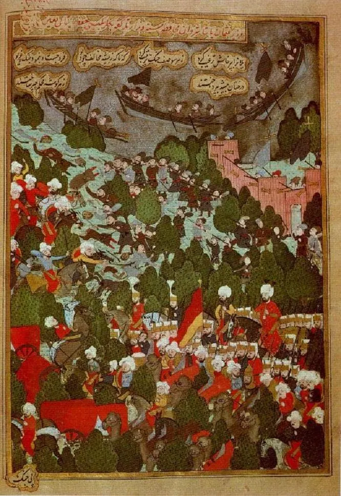 Battle against the Cossacks-Shahin-Shah-nama (666×969) — Şehinşahnâme II minyatürü (Wikimedia Commons)