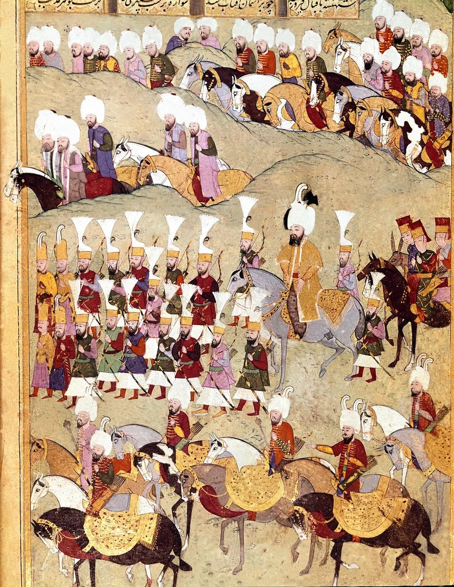 The reception of the Persian ambassador Maksud by Sultan Murad III and his entourage (24b). Manuscript miniatu (1948×2520) — Şehinşahnâme II minyatürü (Wikimedia Commons)