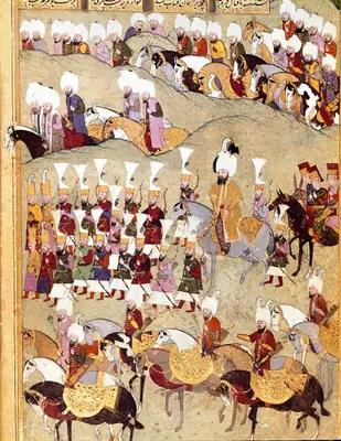 The reception of the Persian ambassador Maksud by Sultan Murad III and his entourage (24b). Manuscript miniatu (1948×2520)
