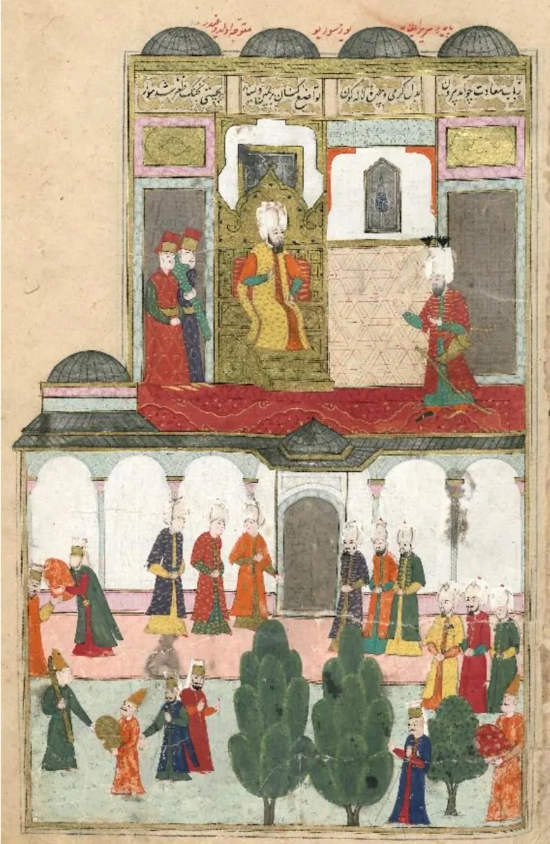 Giving ceremonial robes to Ferhat Pasha (93a). TSKM B.200-93a (1582–1588) (1662×2550) — Şehinşahnâme II minyatürü (Wikimedia Commons)