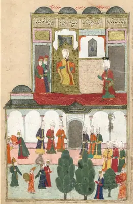 Giving ceremonial robes to Ferhat Pasha (93a). TSKM B.200-93a (1582–1588) (1662×2550)