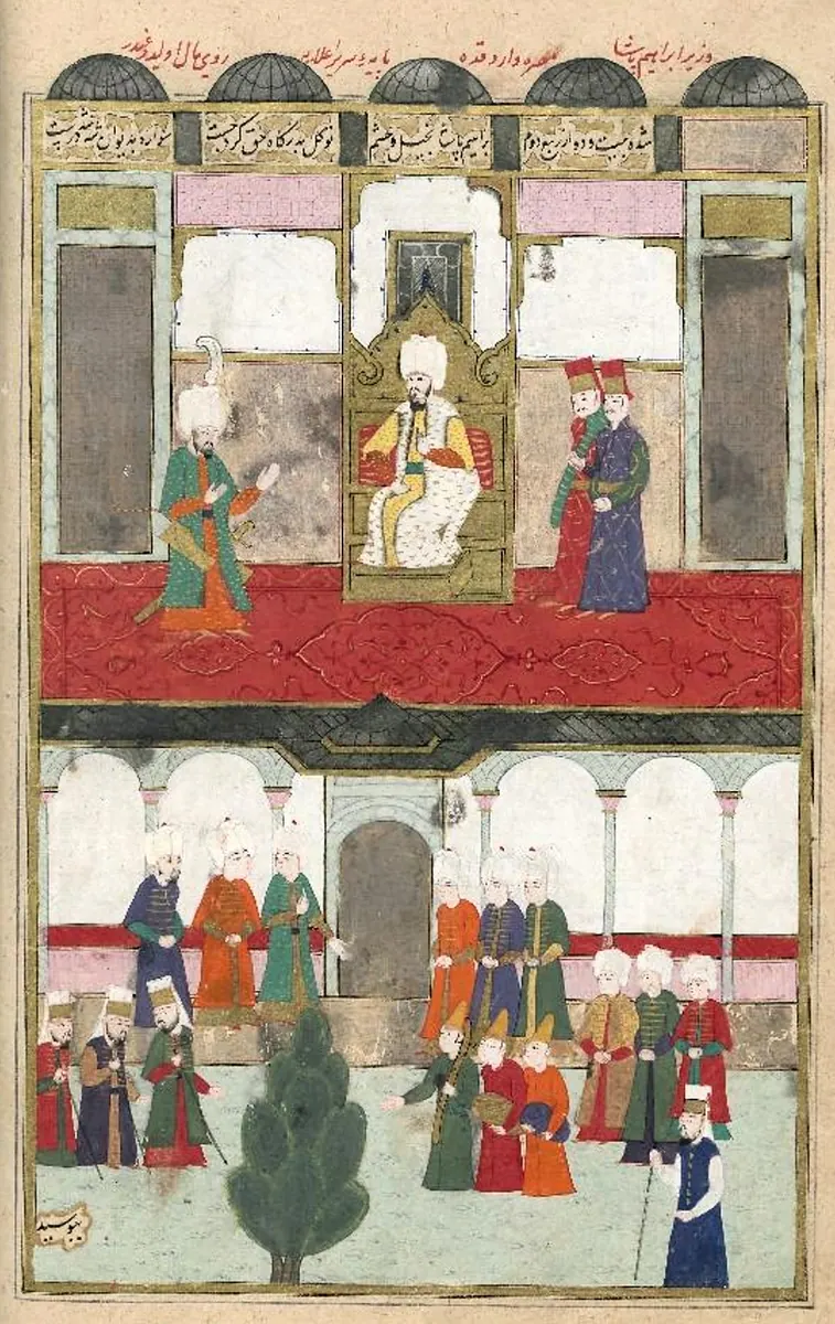 Giving hilat to İbrahim Pasha (95b). TSKM B.200-89a (1582–1588) (1614×2558) — Commons başlığında çelişki: 95b / B.200-89a — Şehinşahnâme II minyatürü (Wikimedia Commons)