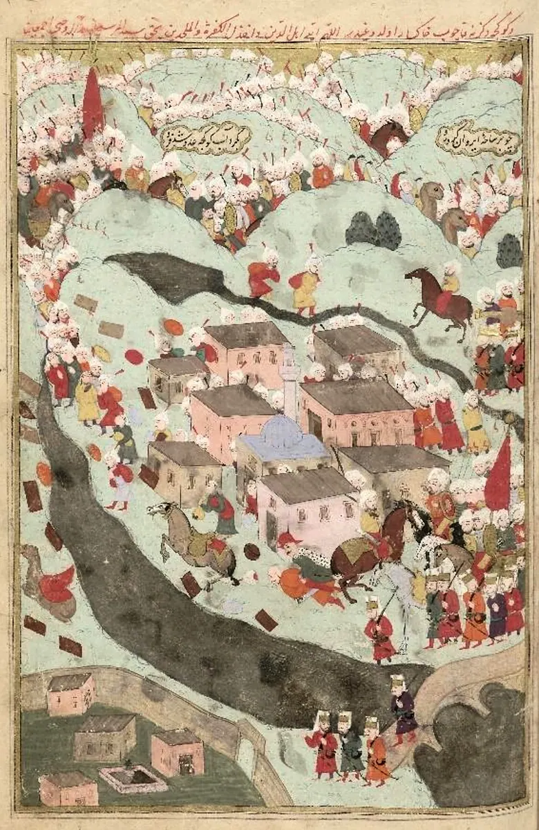 Serdar Ferhat Pasha's conquest of Revan and the Tokmak infidel's escape to the Gökçe Sea and her destruction ( (1666×2562) — Şehinşahnâme II minyatürü (Wikimedia Commons)