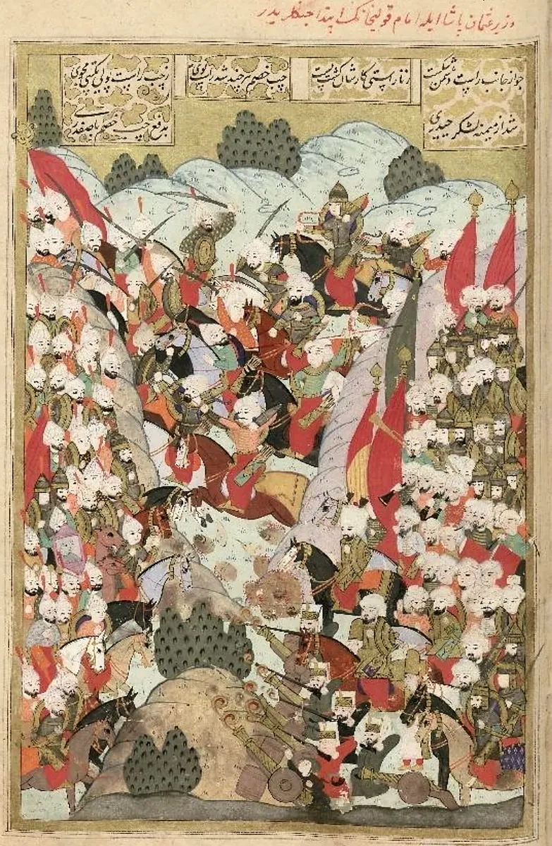 The start of the war between Vizier Özdemiroğlu Osman Pasha and Imam Kuli Khan (125a) (1654×2536) — Şehinşahnâme II minyatürü (Wikimedia Commons)