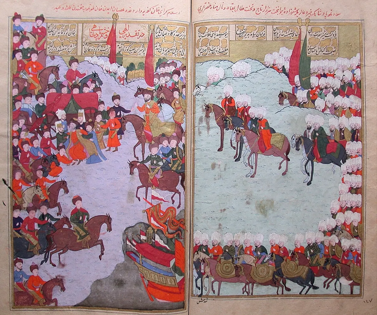 Mehmet Giray II captured by Crimean Tatars supporting İslam Giray Khan (147b-148a). TSMK B.200 (1690×1412) — Şehinşahnâme II minyatürü (Wikimedia Commons)