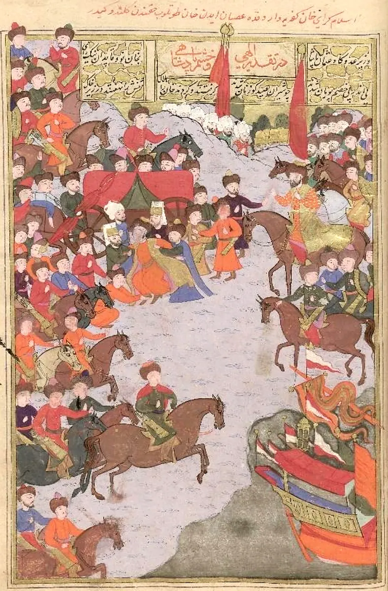 Mehmet Giray II captured by Crimean Tatars supporting İslam Giray Khan (148a). TSMK B.200 (1678×2554) — Şehinşahnâme II minyatürü (Wikimedia Commons)