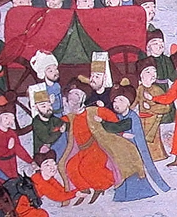 The arrest of Mehmet Giray II, captured by Crimean Tatars supporting İslam Giray Khan, and Ottoman Janissaries (580×710) — Şehinşahnâme II minyatürü (Wikimedia Commons)