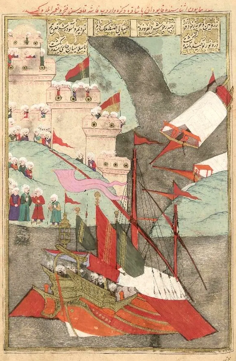 Kılıç Ali Pasha's conquest of Faş Castle and repair of the castle (1578-1579). TSKM B.200-89a (1582–1588) (1660×2544) — Şehinşahnâme II minyatürü (Wikimedia Commons)