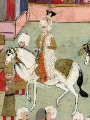 Prince Mehmet arriving from the Old Palace and kissing the Sultan's feet. Sehinsahname, 1592 (TSMK, B.200) (459×609)