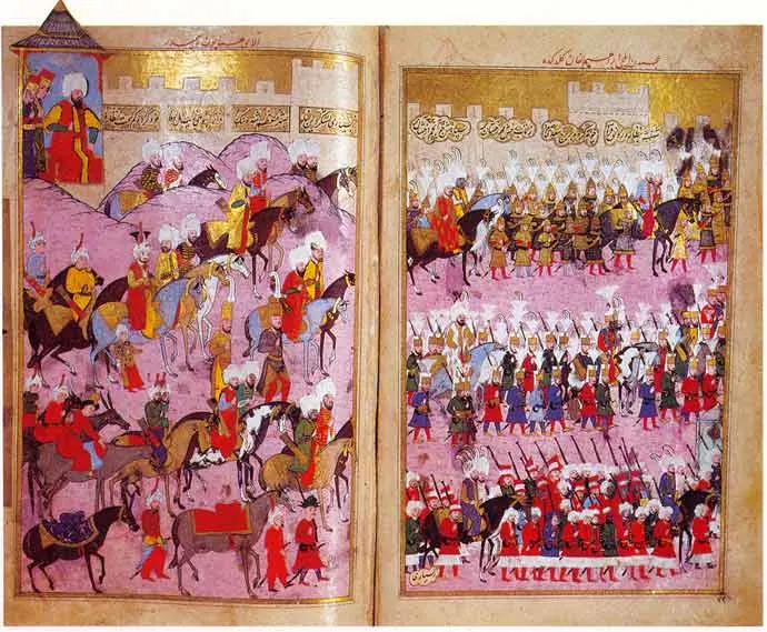 Sultan Murad III upon the walls of Istanbul-Shahin-Shah-nama (690×569) — Şehinşahnâme II minyatürü (Wikimedia Commons)
