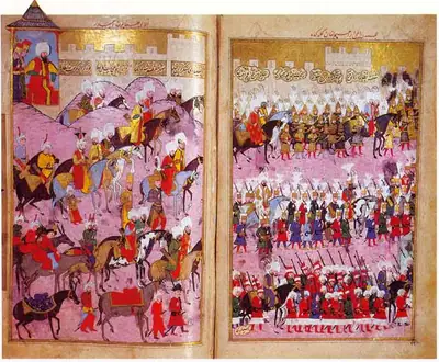 Sultan Murad III upon the walls of Istanbul-Shahin-Shah-nama (690×569)