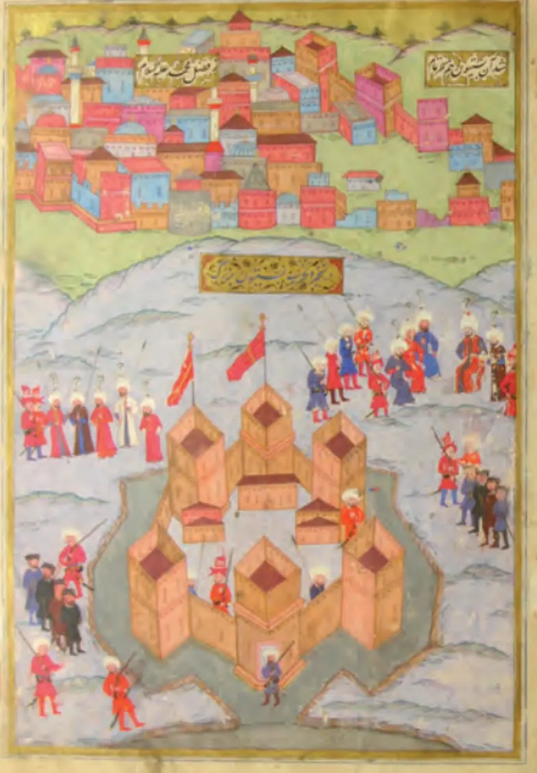 The conquest of Bastion castle (784×1128) — Şehnâme-i Selîm Hân minyatürü (Wikimedia Commons)
