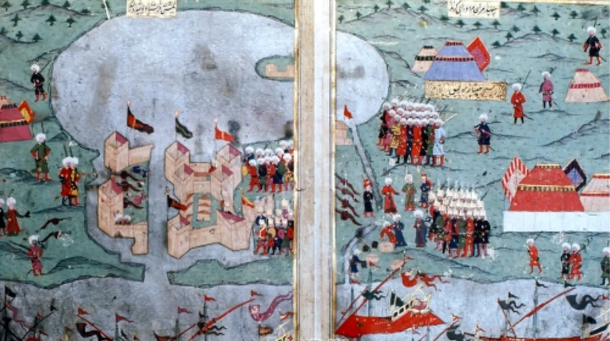 The conquest of Little Bastion castle (1816×1014) — Şehnâme-i Selîm Hân minyatürü (Wikimedia Commons)