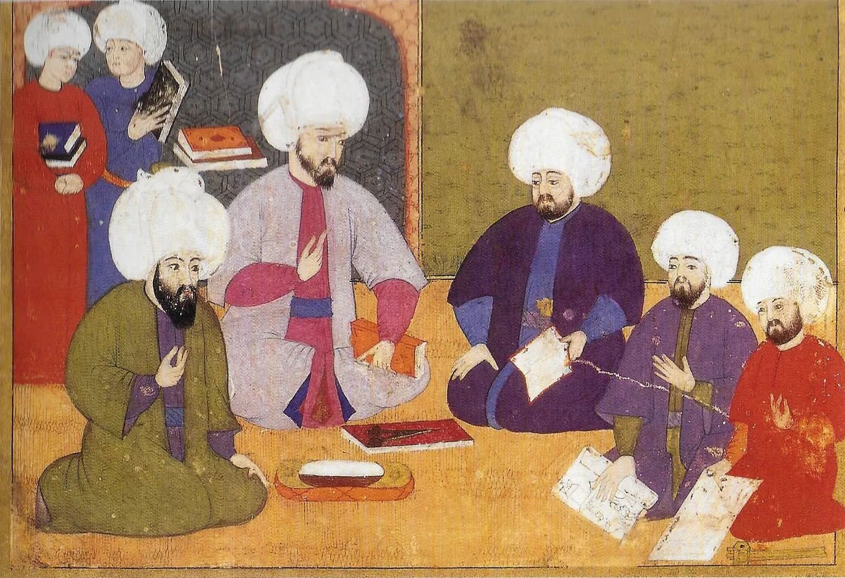 Ahmed Karabashi, Seyyid Lokman, scribe Ilyas, painters Osman and Ali. Şahname-ı Selim Han, 1581 (TSMK A.3595,  (1823×1249) — Şehnâme-i Selîm Hân minyatürü (Wikimedia Commons)