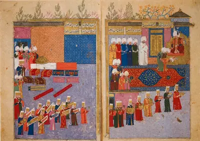 Nakkaş Osman, "Presentation of Gifts by the Safavid Ambassador, Shahquili, to Sultan Selim II at Edirne in 156 (2794×1974)