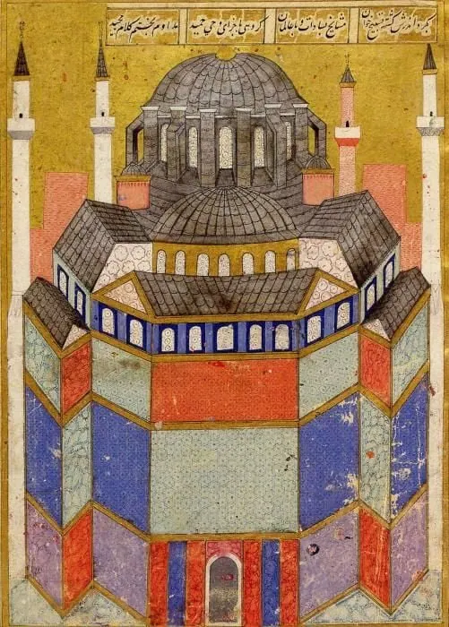 Hagia Sophia in Seyyid Lokman's Şahname-ı Selim Han (501×700) — Şehnâme-i Selîm Hân minyatürü (Wikimedia Commons)