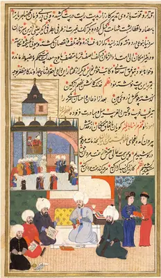 Selim II watching the Imperial Council; below the author, artists and scribes of the manuscript Şehnāme-i Selī (1664×2868)