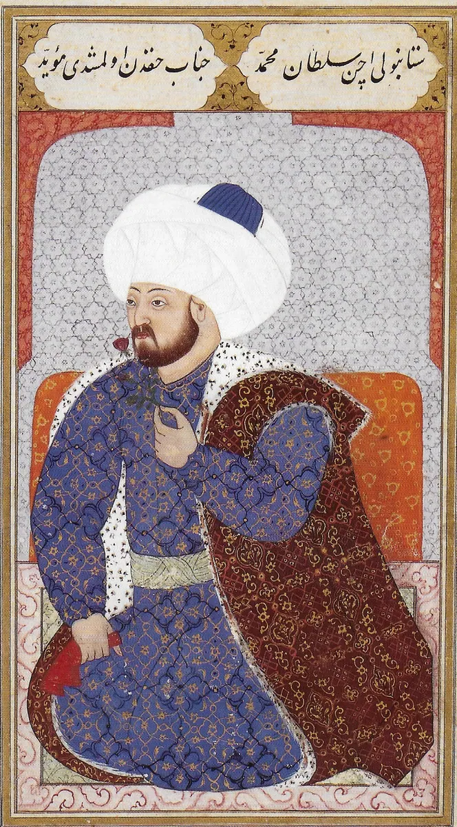 Portrait of Mehmet II. Human Physiognomy Concerning the Personal Dispositions of the Ottomans, 1579 (TSMK H.15 (1200×2170) — Kıyâfetü'l-insâniyye fî şemâili'l-Osmâniyye (Şemâilnâme) minyatürü (Wikimedia Commons)