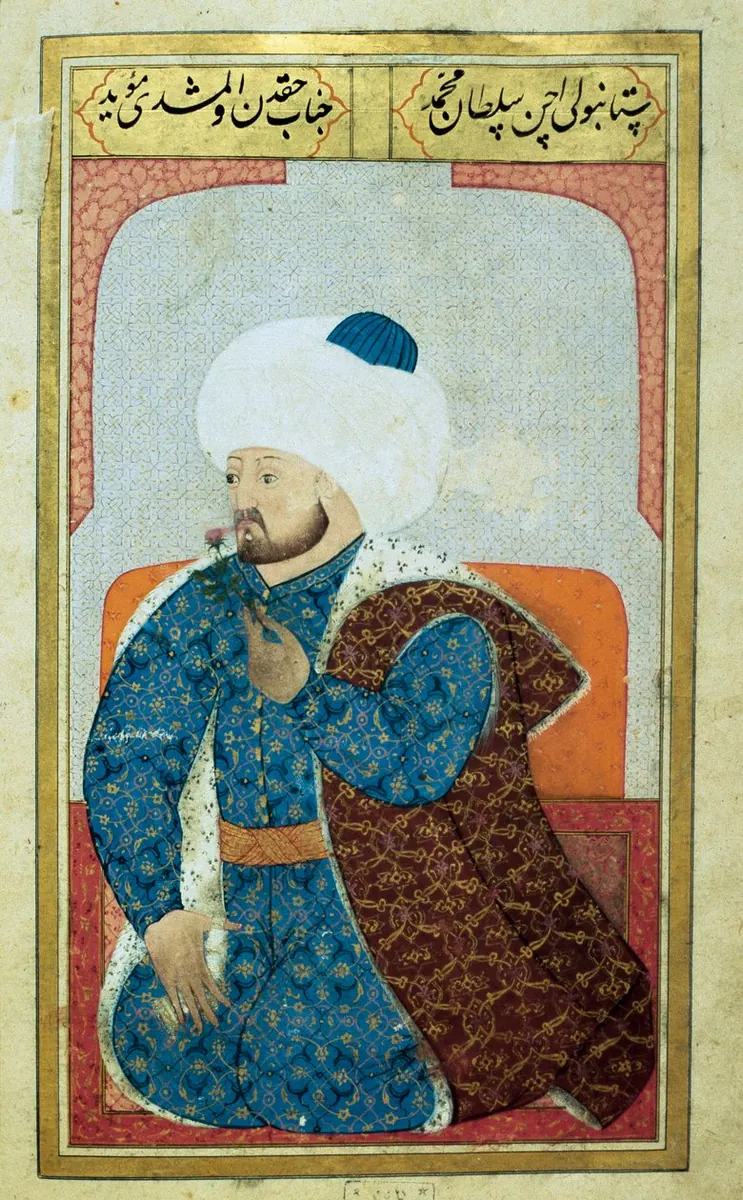 Sultan of the Ottoman Empire Mehet II (Mehmet II the Conquerant or Mehmed II Fatih) (1430-1481) Miniature from (780×1260) — Kıyâfetü'l-insâniyye fî şemâili'l-Osmâniyye (Şemâilnâme) minyatürü (Wikimedia Commons)