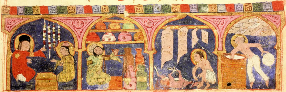 m1 · Bazaar at the camp of the Banu Shayba, with a jeweller, a herbalist, a butcher, and a baker · 4096×1318 — Ayyûkî, Varka ve Gülşah minyatürü (Topkapı Sarayı Müzesi Kütüphanesi)