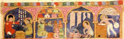 m1 · Bazaar at the camp of the Banu Shayba, with a jeweller, a herbalist, a butcher, and a baker · 4096×1318
