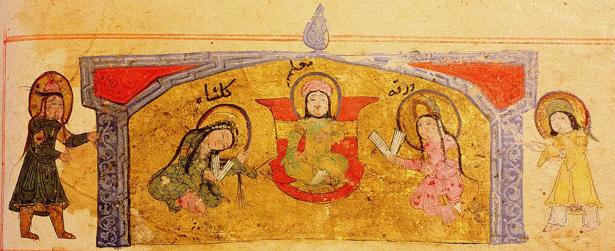 m2 · The young Varqa and Gulshah seated before their teacher · 2048×837 — Ayyûkî, Varka ve Gülşah minyatürü (Topkapı Sarayı Müzesi Kütüphanesi)