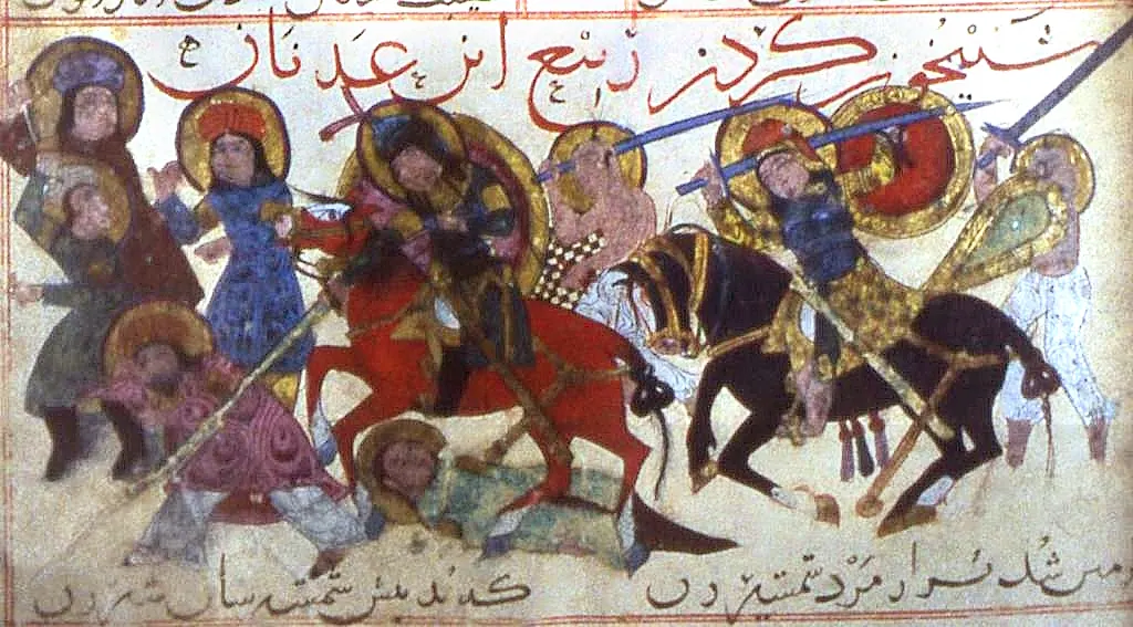 m3 · Rabi, armoured with lamellar jawshan cuirasses plus mail hauberks beneath his tunic. Armed with long · 1024×567 — Ayyûkî, Varka ve Gülşah minyatürü (Topkapı Sarayı Müzesi Kütüphanesi)