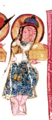 m5 · Gulshāh in the tent of Rabī‘, seated on a throne, with whom there is a servant. To the right and lef · 404×925