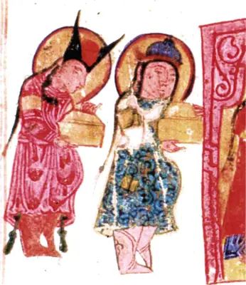m5 · Gulshāh in the tent of Rabī‘, seated on a throne, with whom there is a servant. To the right and lef · 800×925
