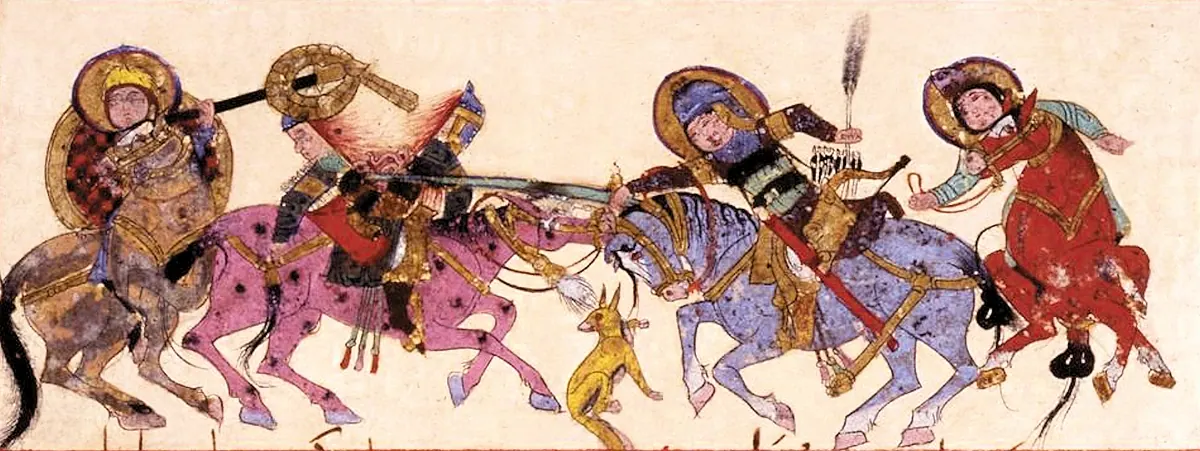 m11 · Varka and Golshah. Battle scene 1. Mid 13th century Seljuk Anatolia · 1900×714 — Ayyûkî, Varka ve Gülşah minyatürü (Topkapı Sarayı Müzesi Kütüphanesi)