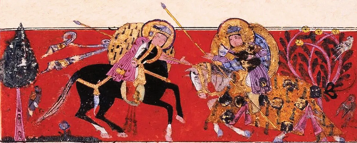 m18 · Varka and Golshah. Battle scene 3. Mid 13th century Seljuk Anatolia · 1972×794 — Ayyûkî, Varka ve Gülşah minyatürü (Topkapı Sarayı Müzesi Kütüphanesi)