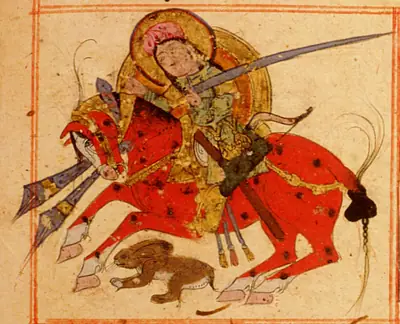 m19 · Gulshāh (detail) fleeing the palace of Rabī‘. A rabbit among the feet of the horse; to the right the · 870×704