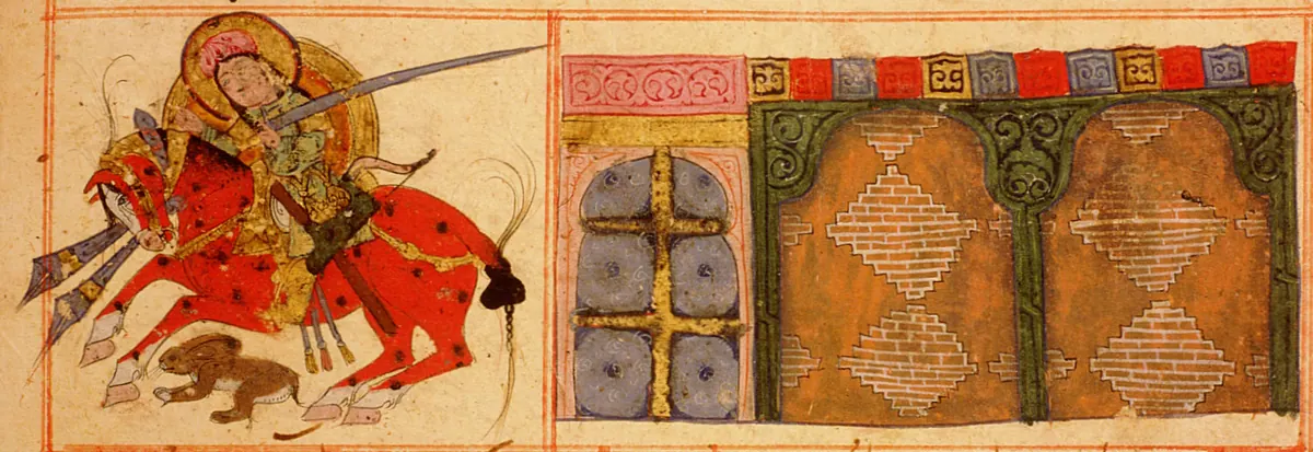m19 · Gulshāh fleeing the palace of Rabī‘. A rabbit among the feet of the horse; to the right the door and · 2048×704 — Ayyûkî, Varka ve Gülşah minyatürü (Topkapı Sarayı Müzesi Kütüphanesi)