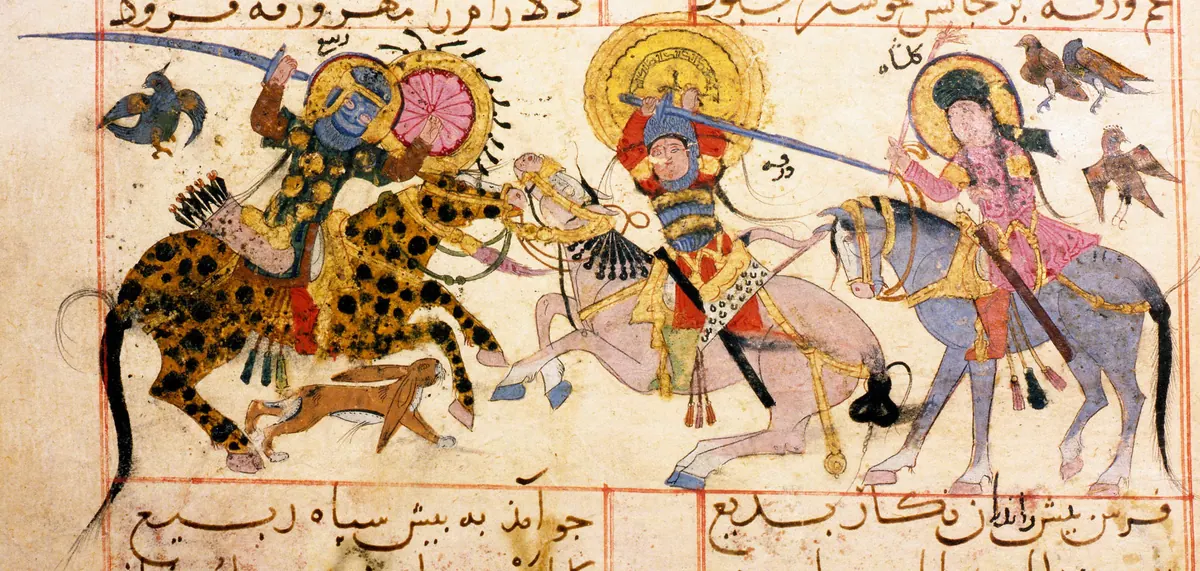 m20 · Gulshah (right) disguised as a man, watches as her lover Varqa (centre) and his rival Rabi fight on  · 2048×975 — Ayyûkî, Varka ve Gülşah minyatürü (Topkapı Sarayı Müzesi Kütüphanesi)
