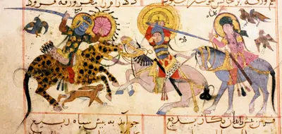 m20 · Gulshah (right) disguised as a man, watches as her lover Varqa (centre) and his rival Rabi fight on  · 2048×975