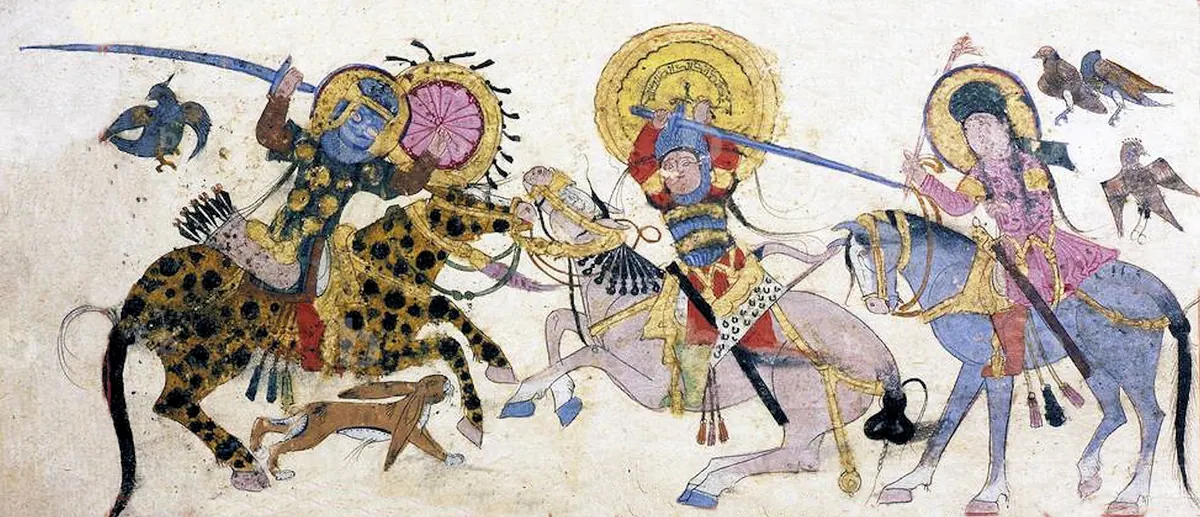 m20 · Varka and Golshah. Battle scene 4. Mid 13th century Seljuk Anatolia · 1948×840 — Ayyûkî, Varka ve Gülşah minyatürü (Topkapı Sarayı Müzesi Kütüphanesi)