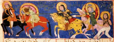 m23 · Gulshah kills Rabi ibn Adnan with her lance. Behind her is her defeated lover Varqa, wounded and bou · 2048×768