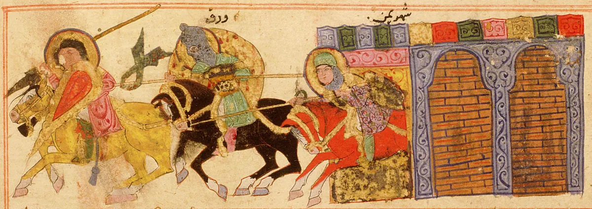 m37 · Exit of the armed Warqah from the walls of Yemen, flanked by two riders (37, 35b) · 4096×1446 — Ayyûkî, Varka ve Gülşah minyatürü (Topkapı Sarayı Müzesi Kütüphanesi)