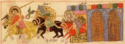m37 · Exit of the armed Warqah from the walls of Yemen, flanked by two riders (37, 35b) · 4096×1446