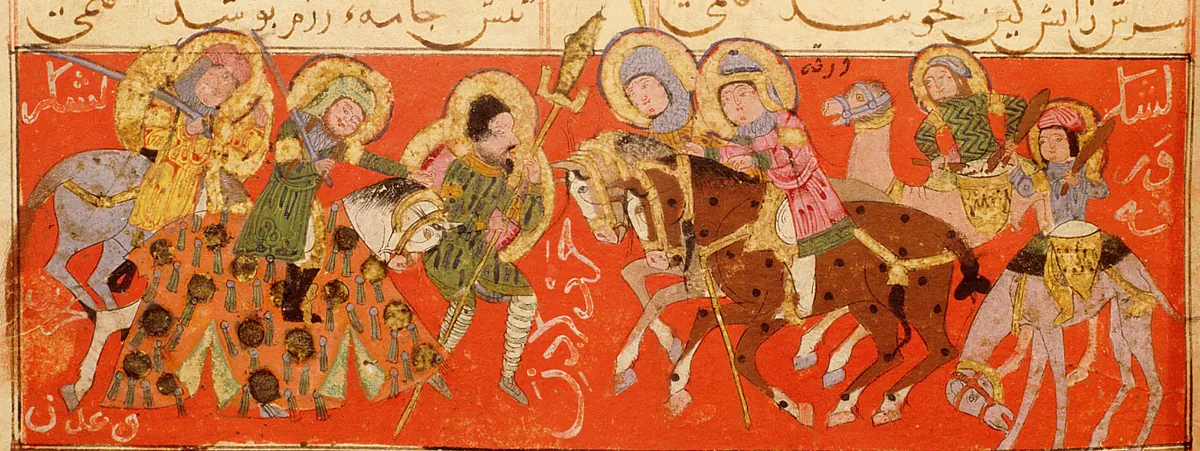m38 · The army of Warqah scatters that of Bahrain and of ‘Adan · 2034×765 — Ayyûkî, Varka ve Gülşah minyatürü (Topkapı Sarayı Müzesi Kütüphanesi)