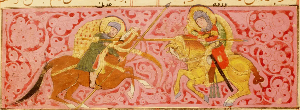 m39 · Warqa overthrows a warrior of Aden · 2048×751 — Ayyûkî, Varka ve Gülşah minyatürü (Topkapı Sarayı Müzesi Kütüphanesi)