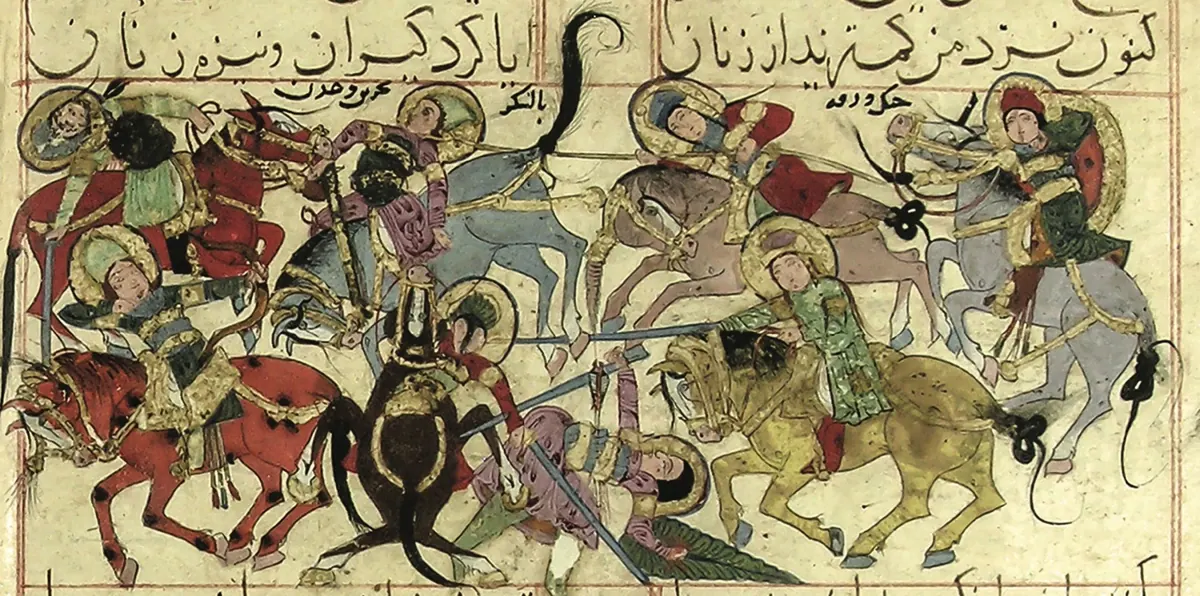 m40 · Combat of Warqah with the army of Bahrain and of ‘Adan (40, 38b) · 2200×1092 — Ayyûkî, Varka ve Gülşah minyatürü (Topkapı Sarayı Müzesi Kütüphanesi)
