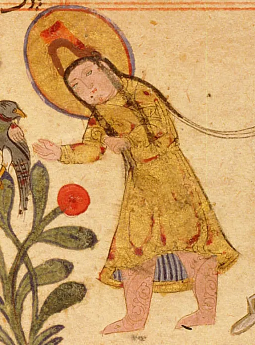 m56 · King of Sham (Greater Syria) wearing a sharbush headgear · 514×695 — Ayyûkî, Varka ve Gülşah minyatürü (Topkapı Sarayı Müzesi Kütüphanesi)