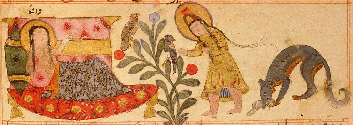 m56 · Varqa, wounded by the king of Sham, his rival for the hand of Gulshah, lies in bed, attended by the  · 2048×726 — Ayyûkî, Varka ve Gülşah minyatürü (Topkapı Sarayı Müzesi Kütüphanesi)