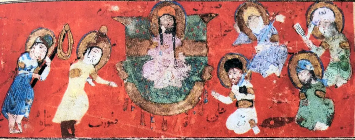 m70 · Visit of the Prophet to the tomb; he is seated on a throne, to the right Abu Bakr and Uthman, his fr · 2048×810 — Ayyûkî, Varka ve Gülşah minyatürü (Topkapı Sarayı Müzesi Kütüphanesi)