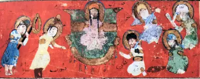 m70 · Visit of the Prophet to the tomb; he is seated on a throne, to the right Abu Bakr and Uthman, his fr · 2048×810